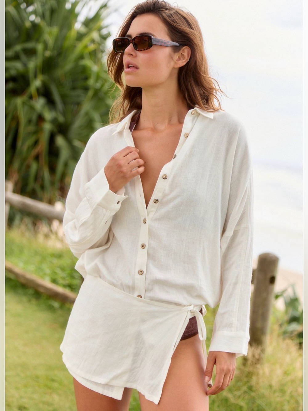 NWT Oversized Breezy Linen-Blend Button-Down with Sarong Wrap - White
